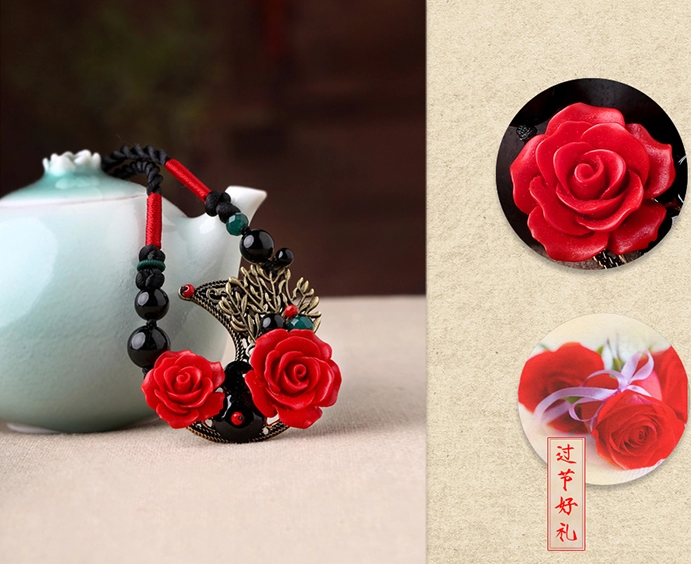 福連文苑紅色玫瑰吊墜復(fù)古項(xiàng)鏈新娘首飾
