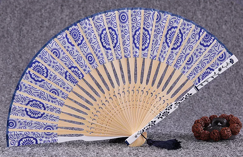 福連文苑青花瓷古典真絲折扇