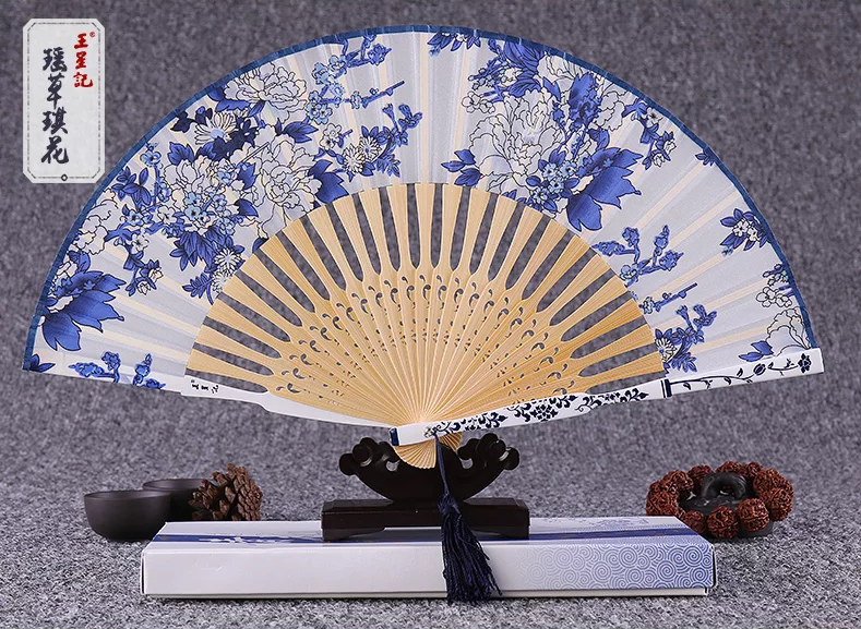 福連文苑青花瓷古典真絲折扇