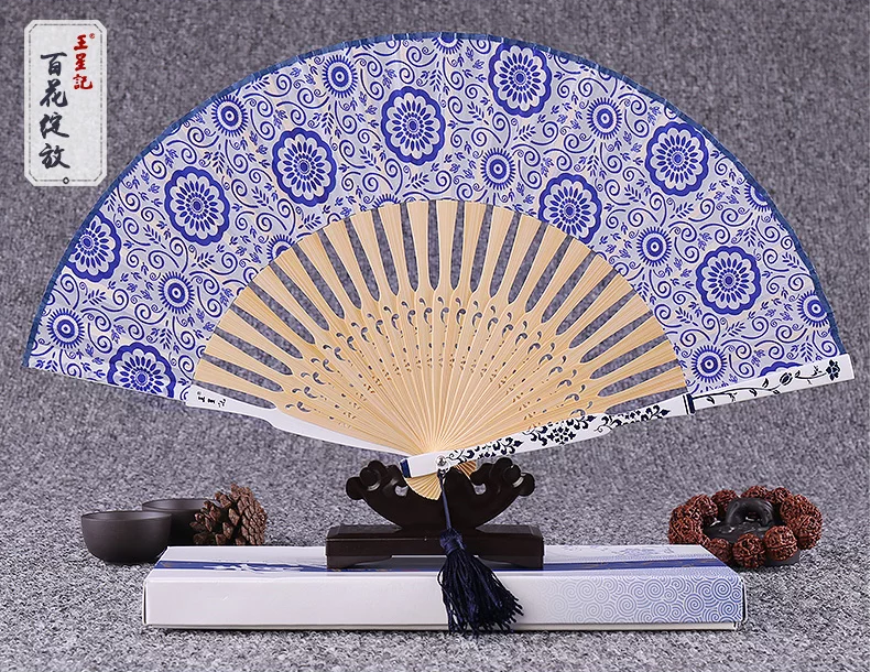 福連文苑青花瓷古典真絲折扇