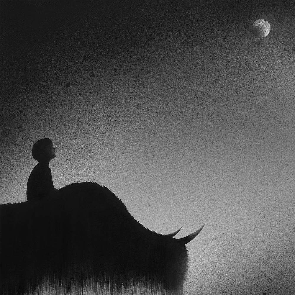 黑白水彩手繪裝飾畫(huà)，孩子與野獸