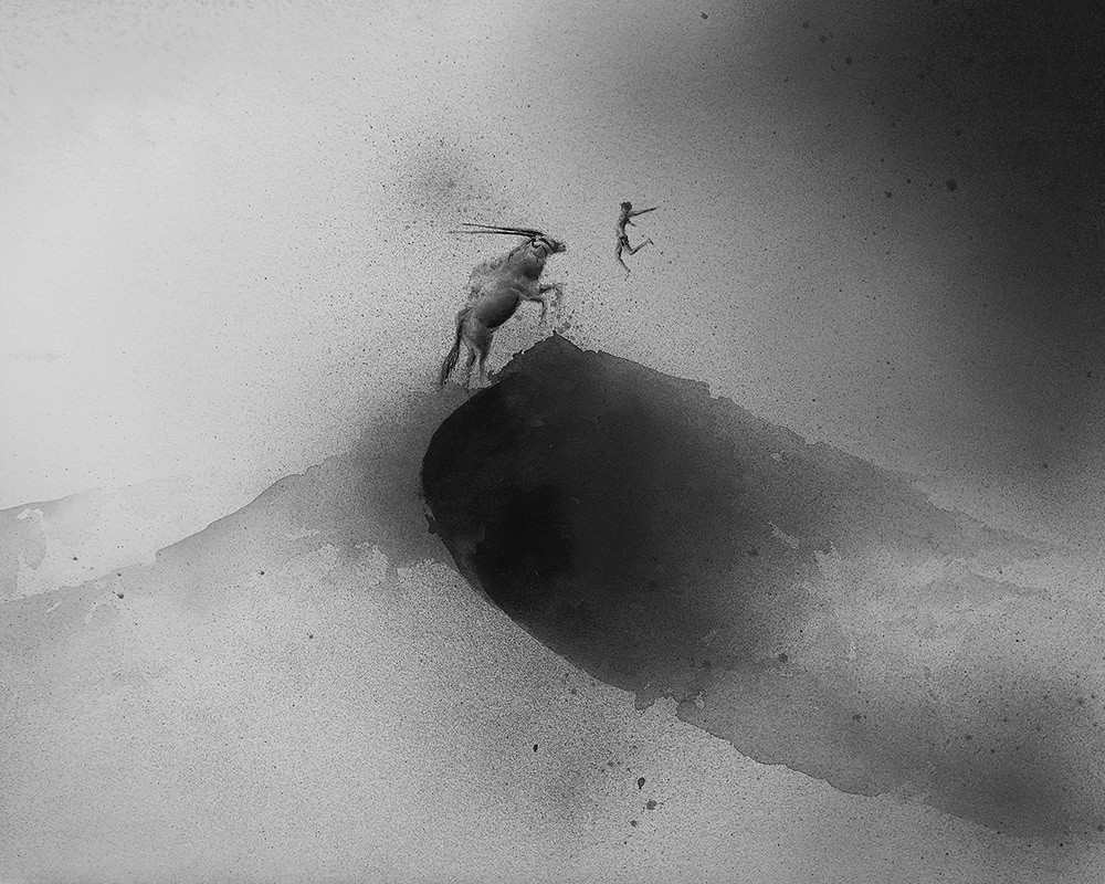 黑白水彩手繪裝飾畫(huà)，孩子與野獸