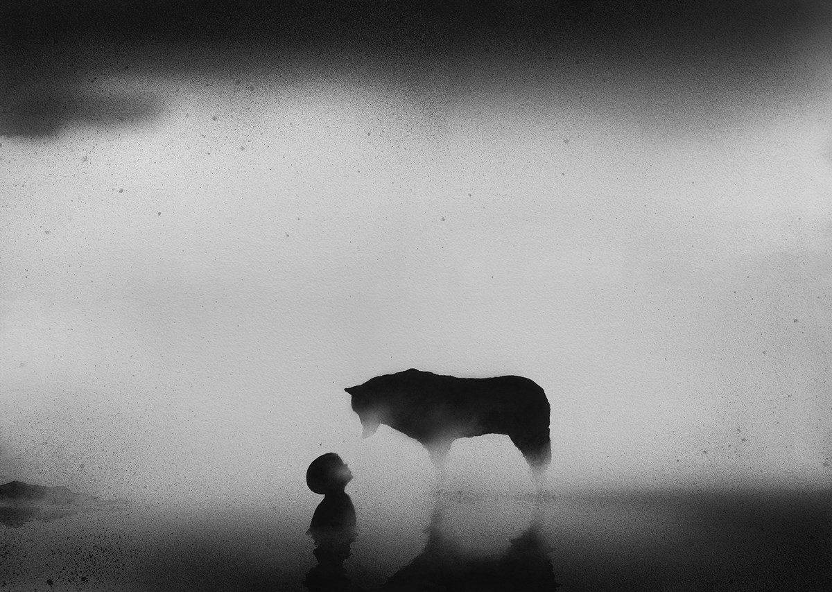 黑白水彩手繪裝飾畫(huà)，孩子與野獸