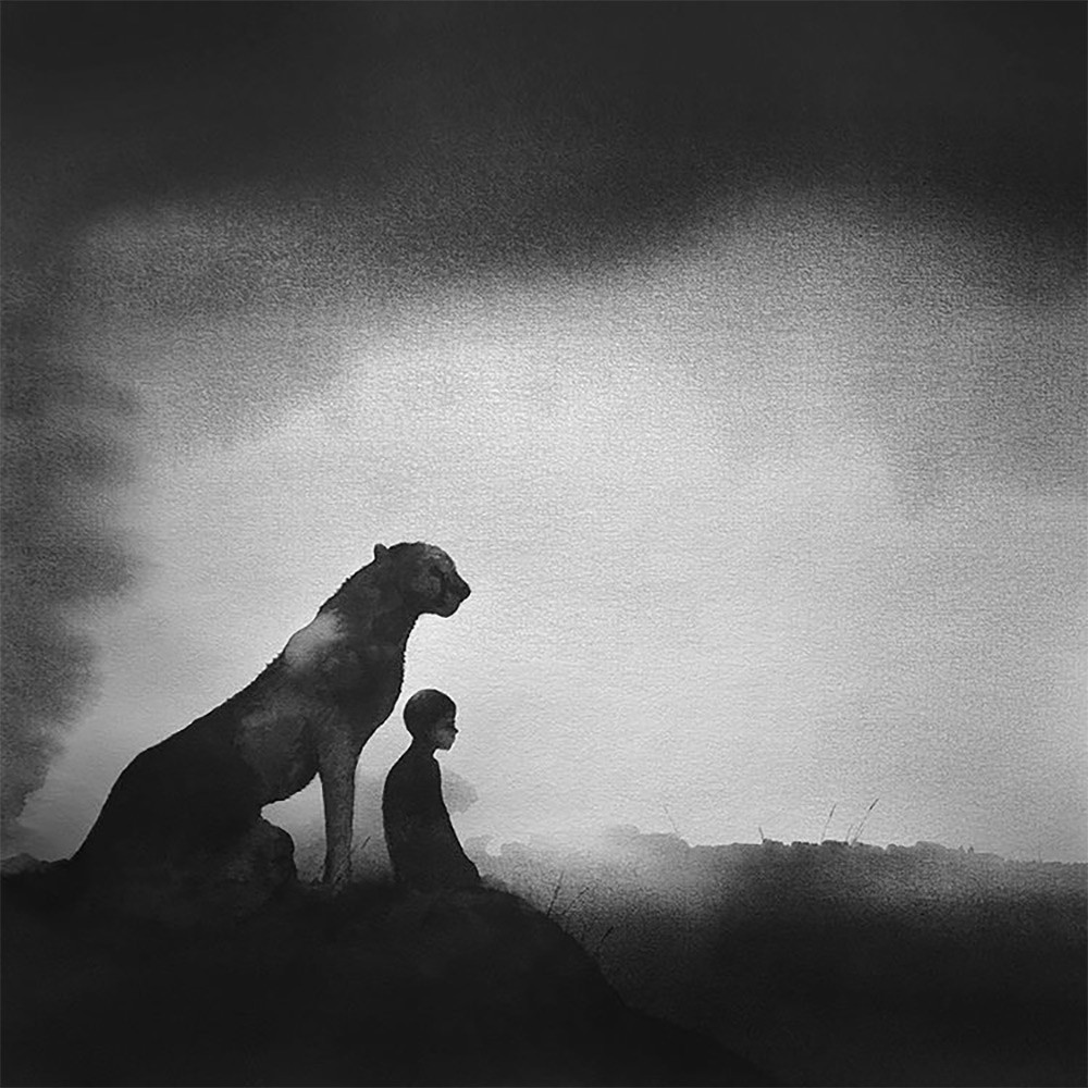 黑白水彩手繪裝飾畫，孩子與野獸