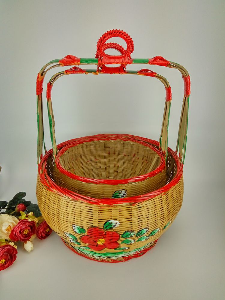 手工竹編竹籃，手繪彩繪禮品籃