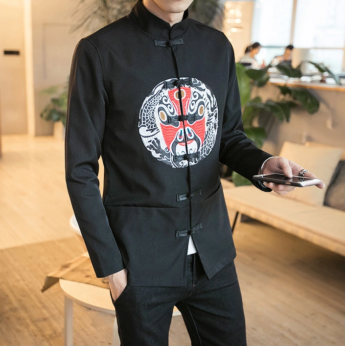 中國傳統(tǒng)元素臉譜刺繡福連文苑唐裝