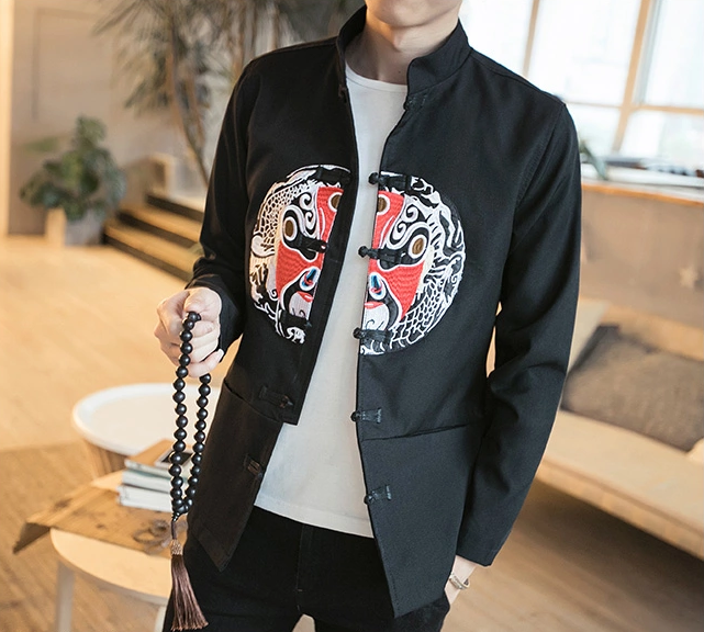 中國傳統(tǒng)元素臉譜刺繡福連文苑唐裝