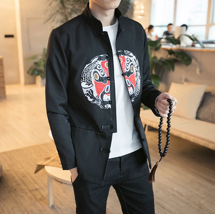 中國傳統(tǒng)元素臉譜刺繡福連文苑唐裝