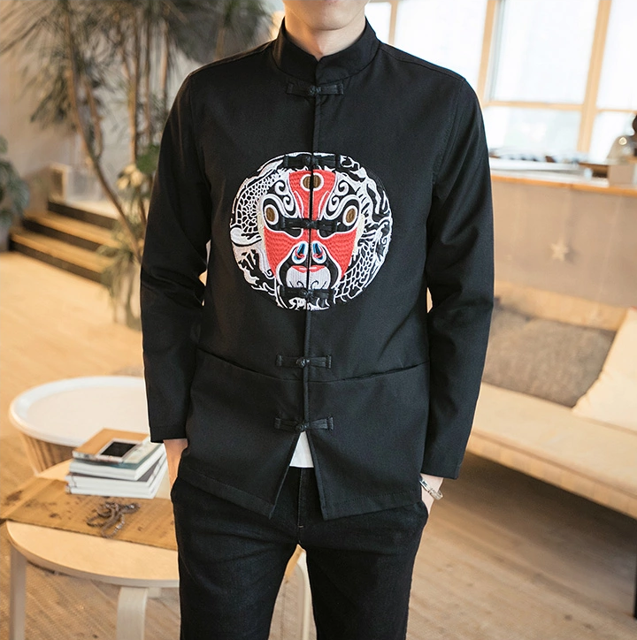 中國傳統(tǒng)元素臉譜刺繡福連文苑唐裝