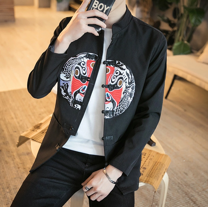 中國傳統(tǒng)元素臉譜刺繡福連文苑唐裝