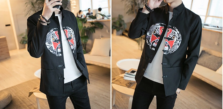 中國傳統(tǒng)元素臉譜刺繡福連文苑唐裝