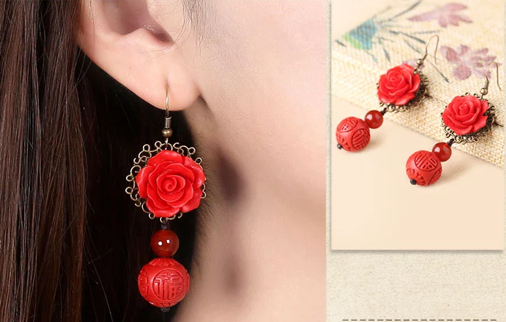 福連文苑紅色耳墜新娘配飾漆雕耳環(huán)
