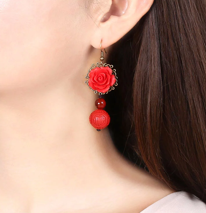福連文苑紅色耳墜新娘配飾漆雕耳環(huán)
