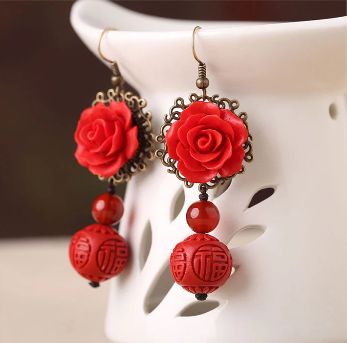 福連文苑紅色耳墜新娘配飾漆雕耳環(huán)
