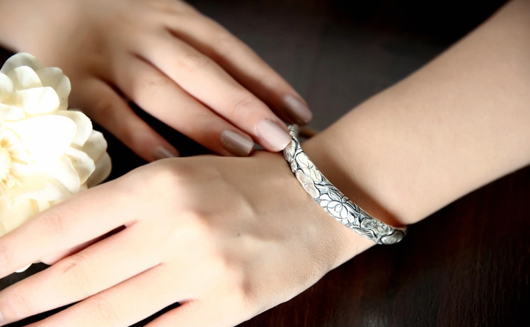 民族時尚復古風水滴頭魚蓮荷花銀手鐲