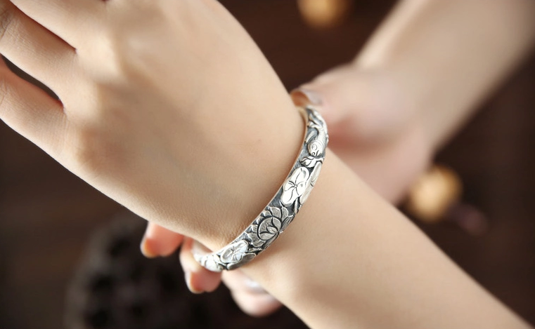 民族時尚復古風水滴頭魚蓮荷花銀手鐲