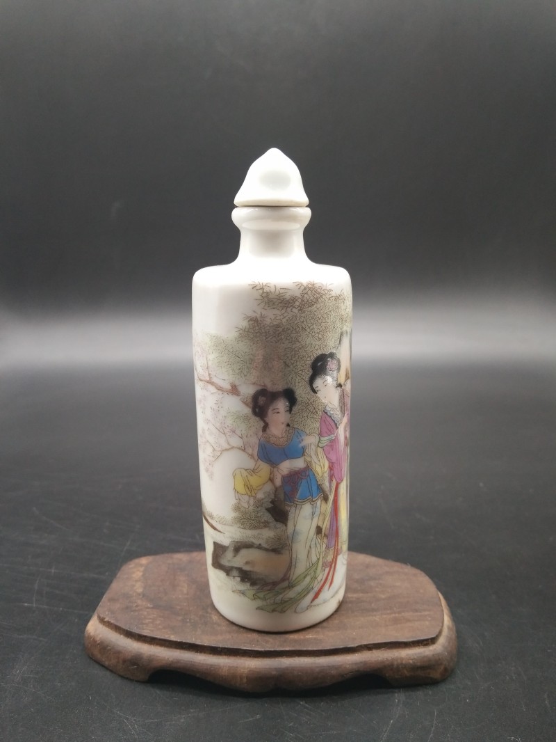 仿古玩貼印花美人花鳥圖陶瓷鼻煙壺