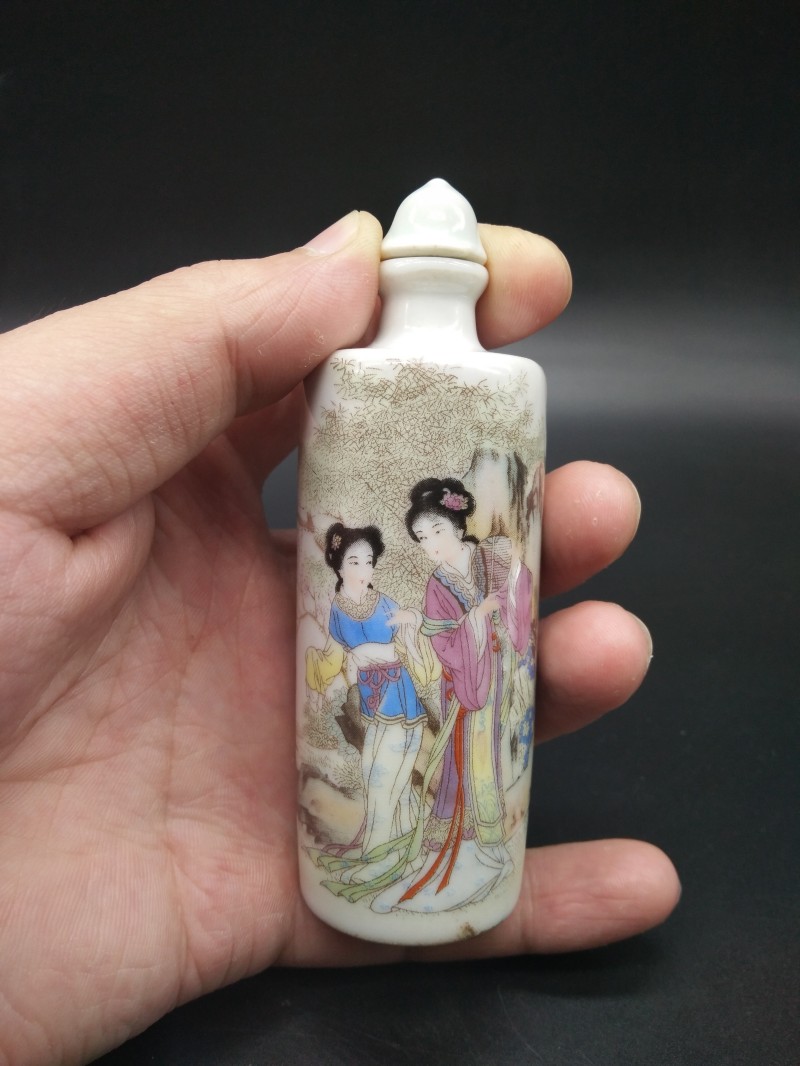 仿古玩貼印花美人花鳥圖陶瓷鼻煙壺