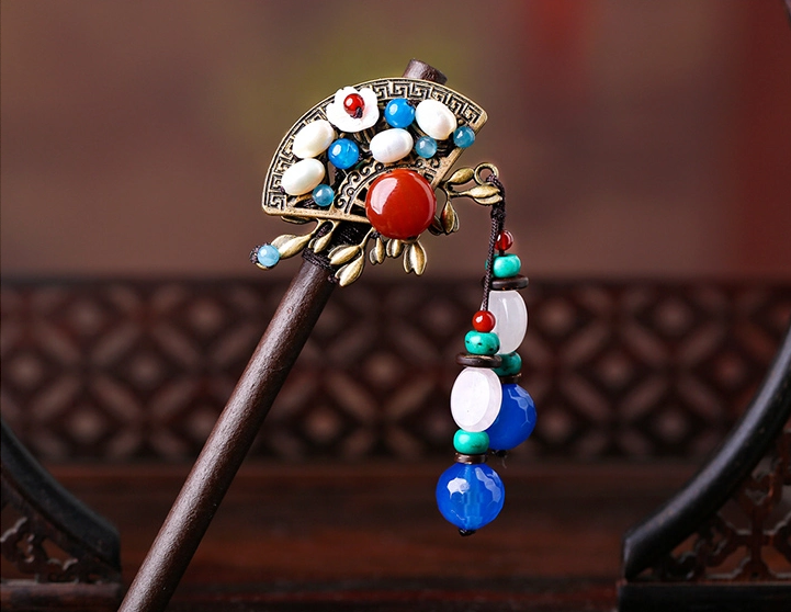 復古發(fā)簪扇形步搖木簪古典盤發(fā)簪子頭飾