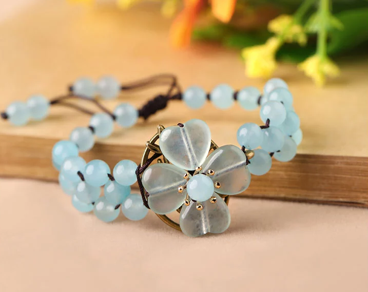 復古藍色彩玉手串四葉草手鏈
