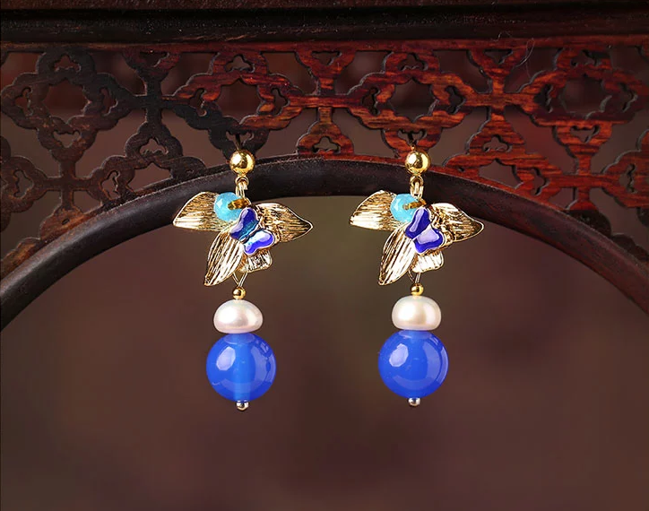 福連文苑藍瑪瑙耳墜超仙氣質(zhì)耳環(huán)