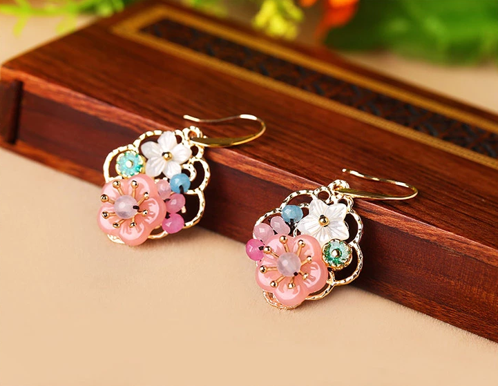 福連文苑甜美少女粉色花朵氣質耳環(huán)