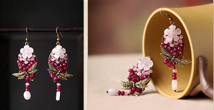 復古典雅蝴蝶浮雕首飾粉水晶耳墜耳環(huán)