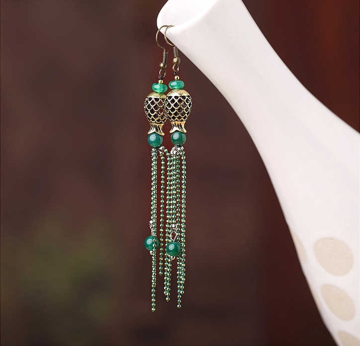 福連文苑人魚的眼淚首飾綠色流蘇耳環(huán)