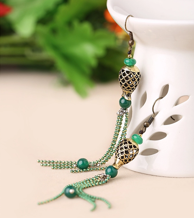 福連文苑人魚的眼淚首飾綠色流蘇耳環(huán)