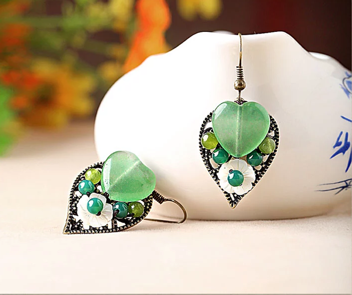 福連文苑復(fù)古氣質(zhì)首飾樹葉吊墜綠色彩玉耳環(huán)