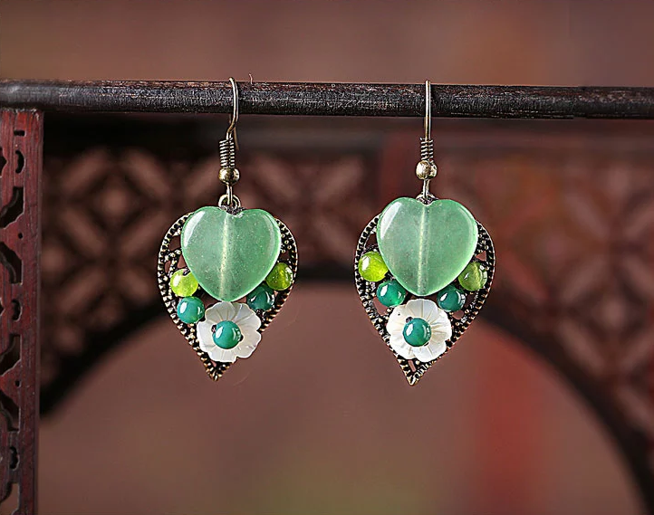 福連文苑復(fù)古氣質(zhì)首飾樹葉吊墜綠色彩玉耳環(huán)