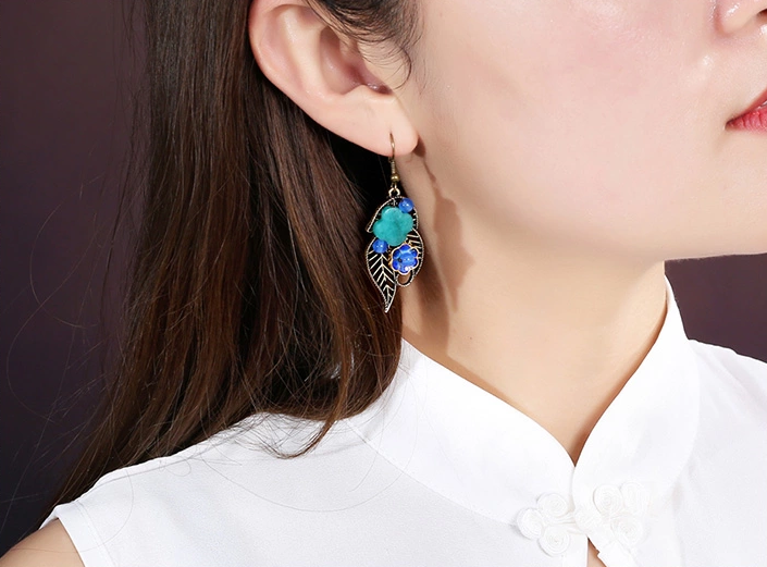 福連文苑金屬鏤空葉子首飾景泰藍(lán)耳墜清靈耳環(huán)