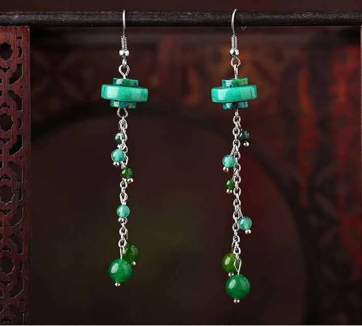 民族風復古氣質(zhì)首飾綠色流蘇耳環(huán)