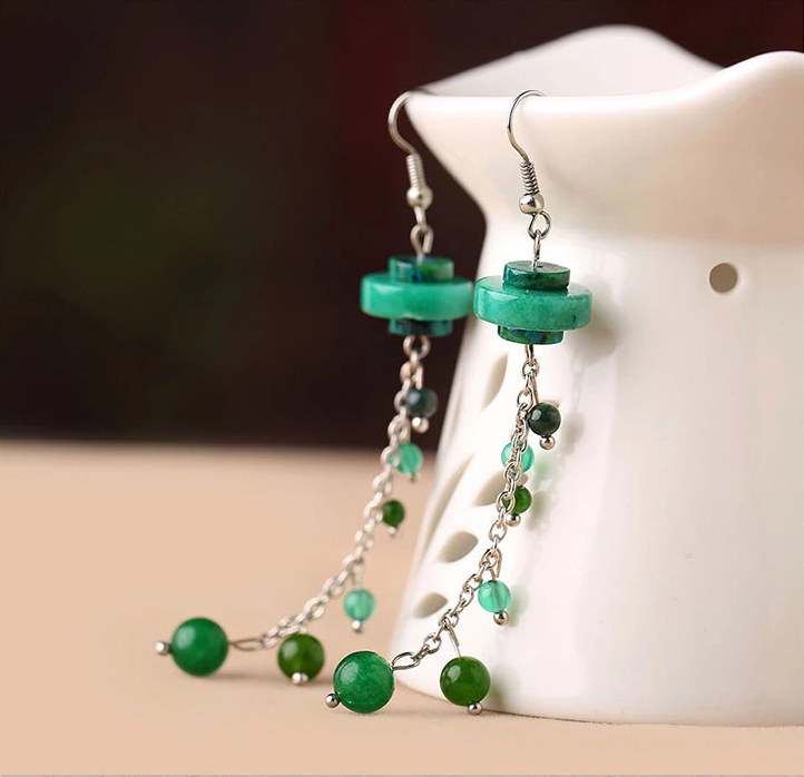 民族風復古氣質(zhì)首飾綠色流蘇耳環(huán)