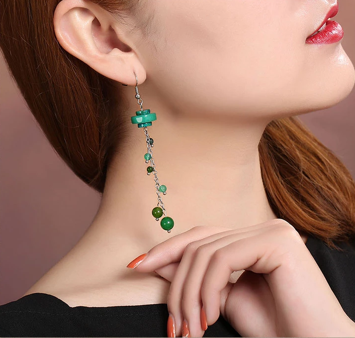 民族風復古氣質(zhì)首飾綠色流蘇耳環(huán)