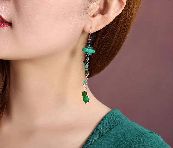 民族風復古氣質(zhì)首飾綠色流蘇耳環(huán)