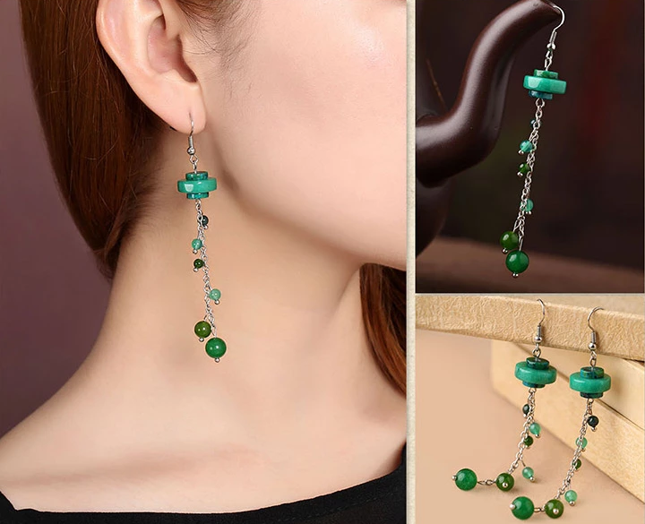 民族風復古氣質(zhì)首飾綠色流蘇耳環(huán)