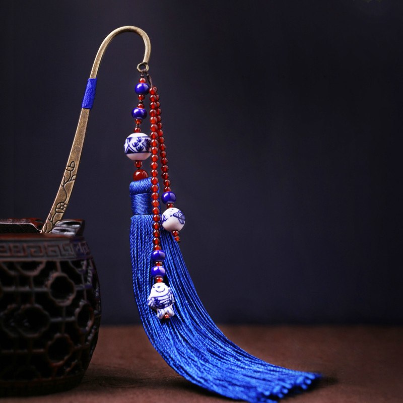 藍(lán)色福連文苑復(fù)古青花瓷古風(fēng)流蘇書簽