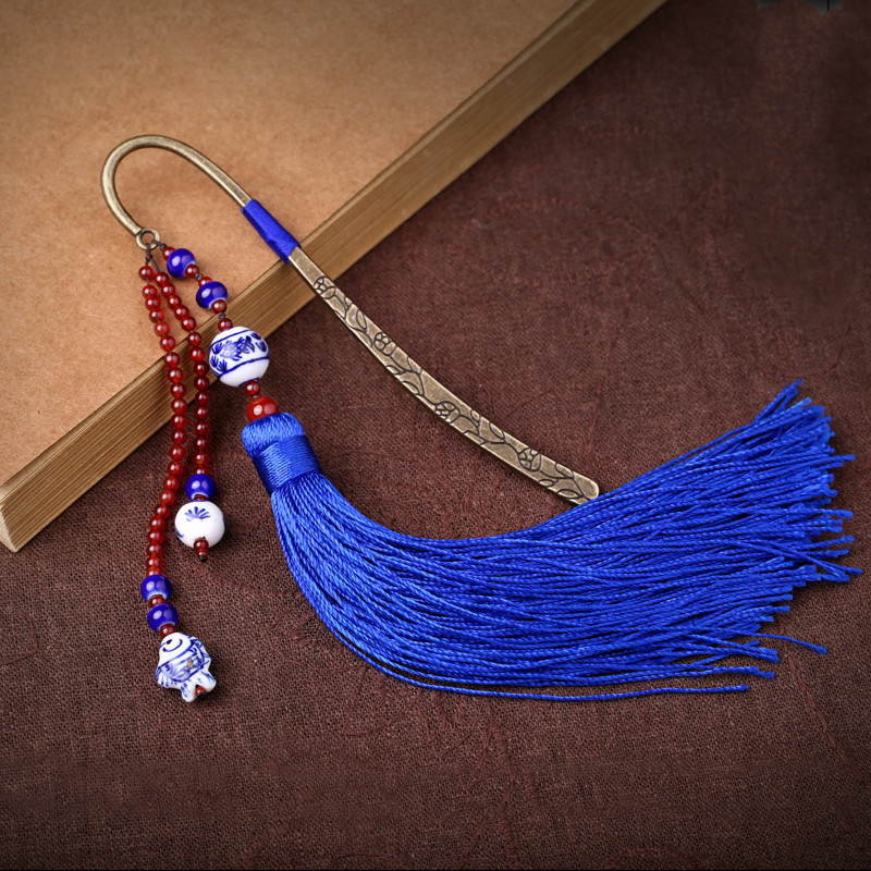 藍(lán)色福連文苑復(fù)古青花瓷古風(fēng)流蘇書簽
