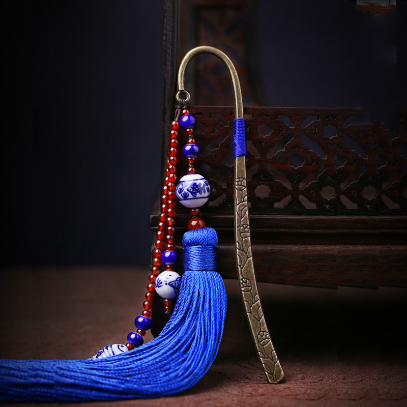 藍(lán)色福連文苑復(fù)古青花瓷古風(fēng)流蘇書簽