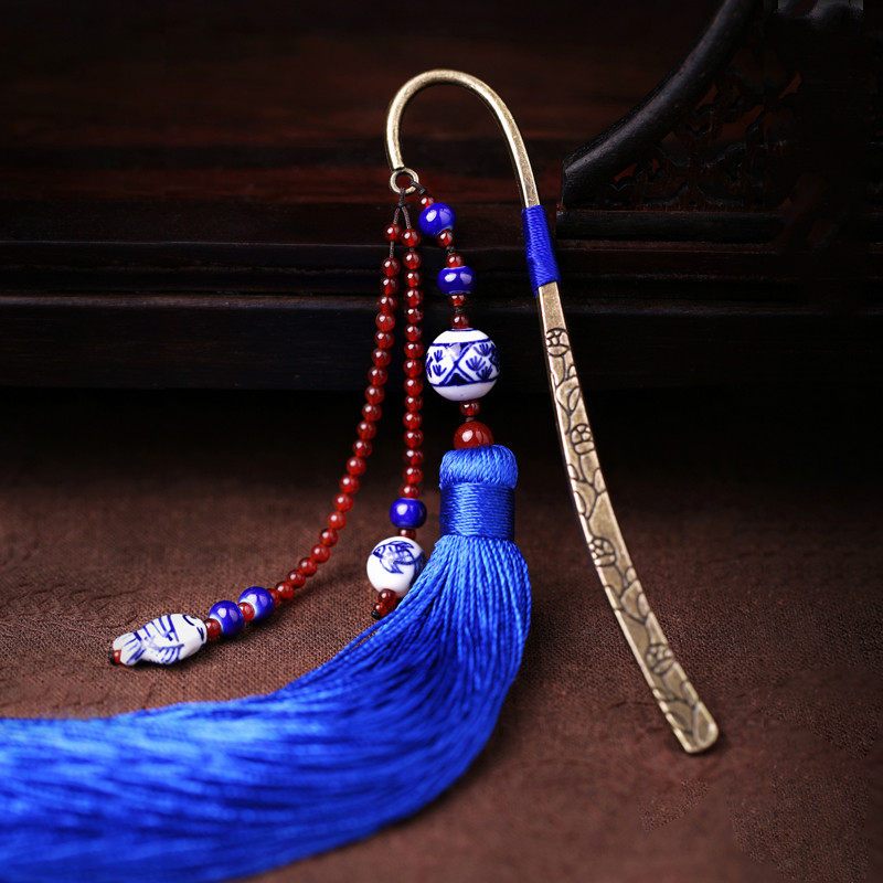 藍(lán)色福連文苑復(fù)古青花瓷古風(fēng)流蘇書簽