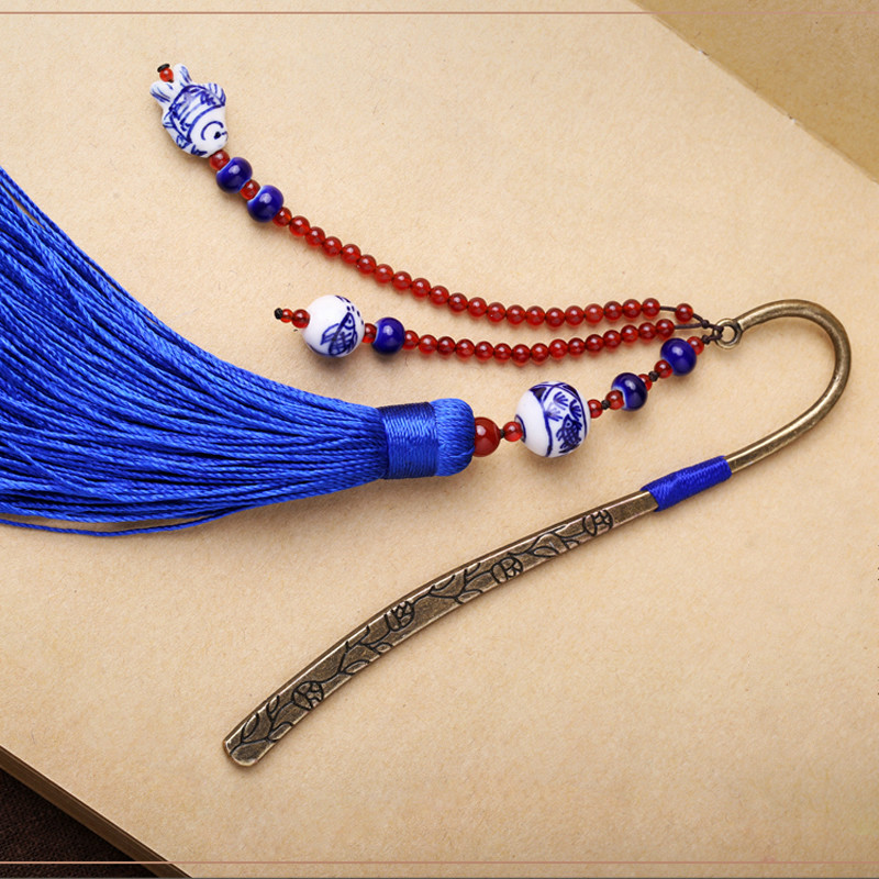 藍(lán)色福連文苑復(fù)古青花瓷古風(fēng)流蘇書簽