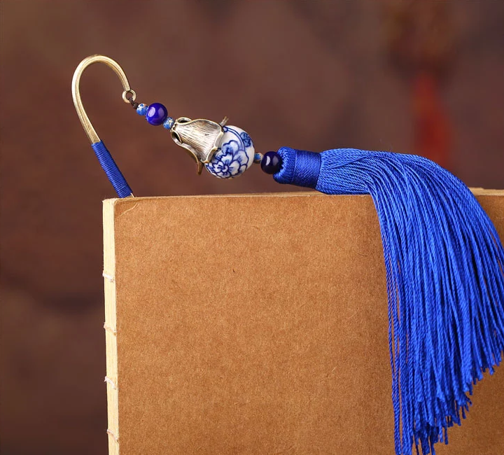 福連文苑手繪青花瓷古風藍色流蘇書簽