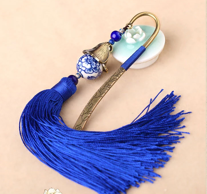 福連文苑手繪青花瓷古風藍色流蘇書簽