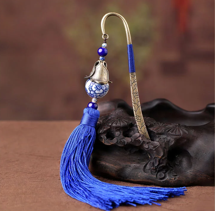 福連文苑手繪青花瓷古風藍色流蘇書簽