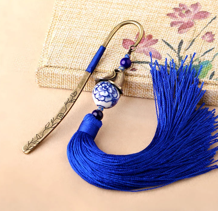 福連文苑手繪青花瓷古風藍色流蘇書簽