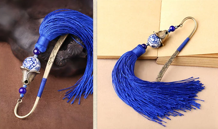 福連文苑手繪青花瓷古風藍色流蘇書簽
