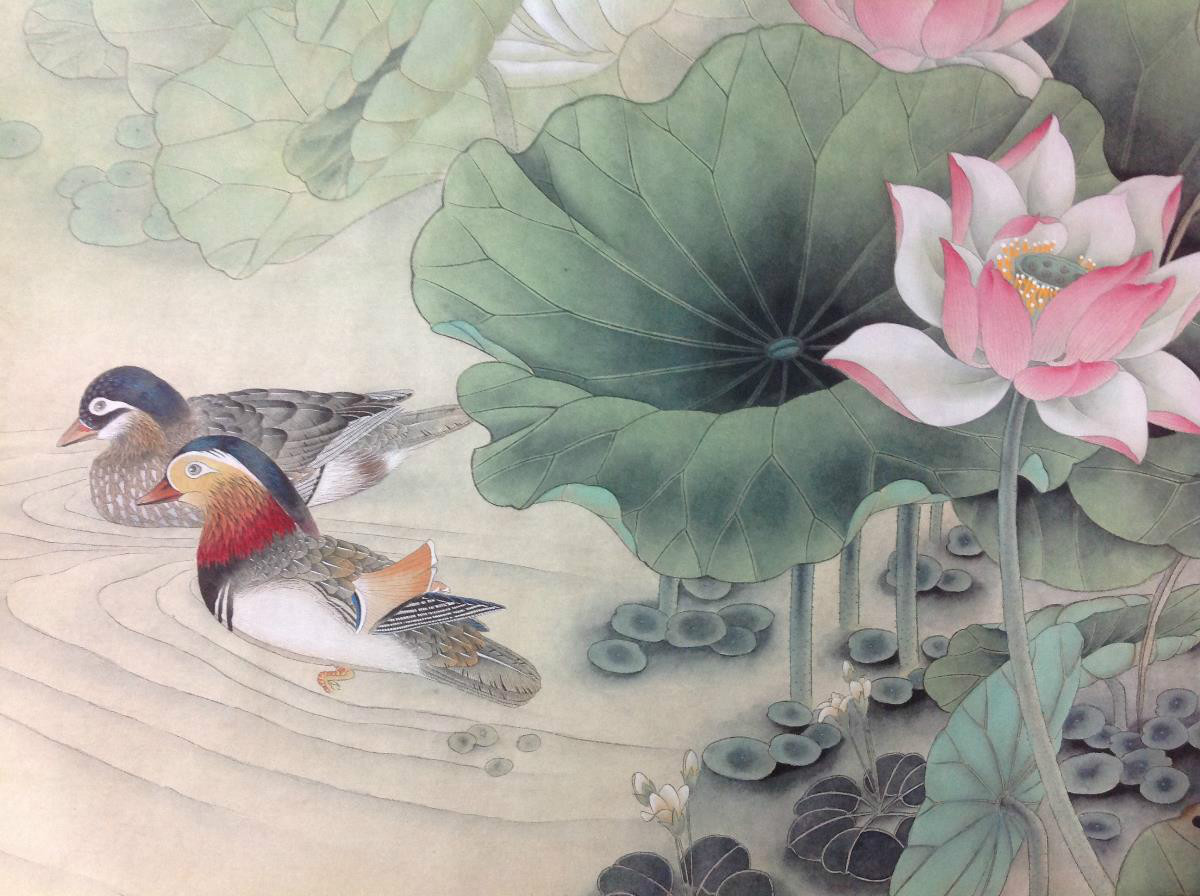 國畫荷花，鴛鴦戲水