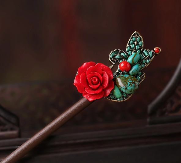 福連文苑古典盤發(fā)發(fā)飾玫瑰花新娘頭飾簪子