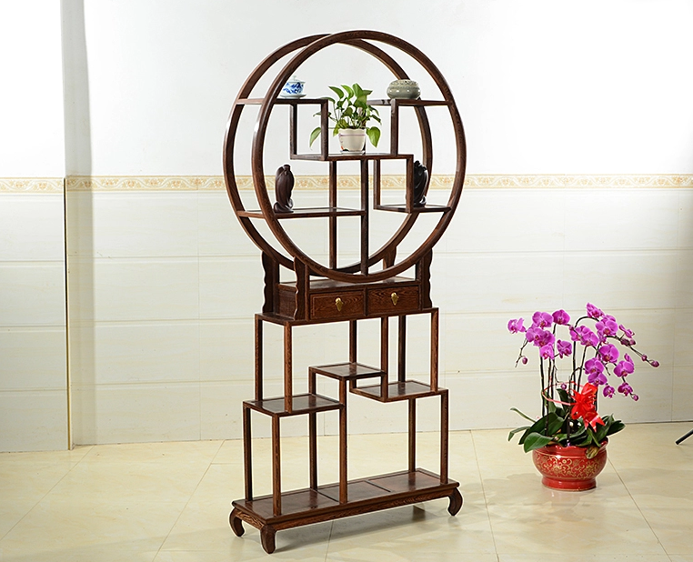 中式古典雞翅木博古架，實(shí)木圓形博古架